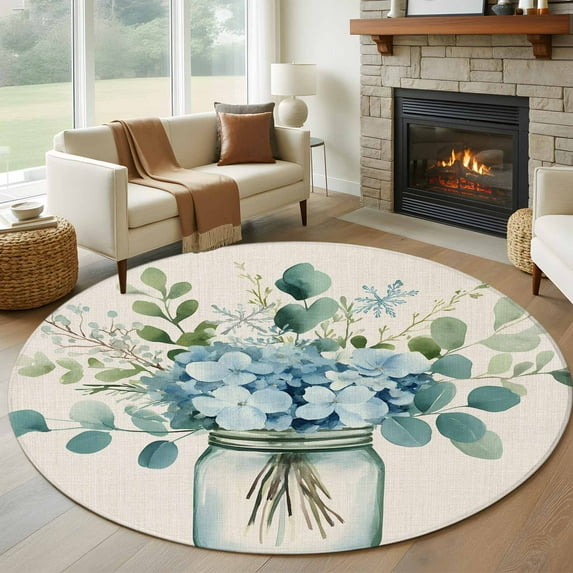 Round Rugs 6 Ft, Teal Spring Floral Non Slip Area Rugs for Kitchen Bedroom Entryway, Watercolor Summer Flowers Vintage Washable Carpet Runner Rug Floor Mats for Bedroom Home Decor