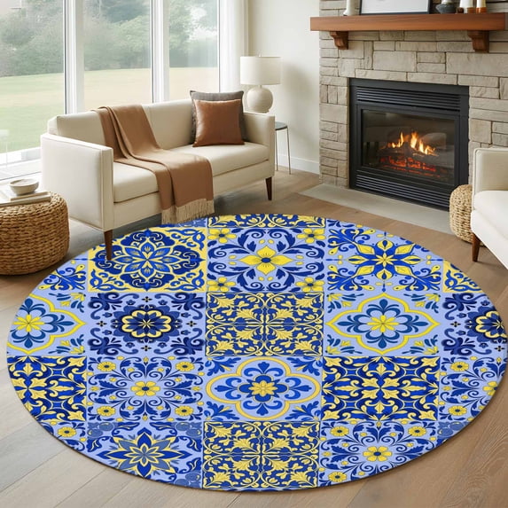 Round Rugs 6 Ft, Vintage Boho Non Slip Area Rugs for Kitchen Bedroom Entryway, Middle Century Bohemia Style Patchwork Blue Washable Carpet Runner Rug Floor Mats for Bedroom Home Decor