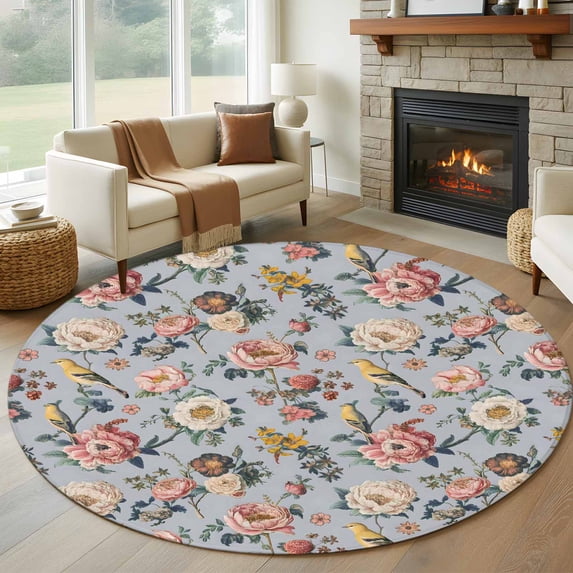Round Rugs 6 Ft, Vintage Spring Floral Non Slip Area Rugs for Kitchen Bedroom Entryway, Farmhouse Flowers Blue Vintage Washable Carpet Runner Rug Floor Mats for Bedroom Home Decor