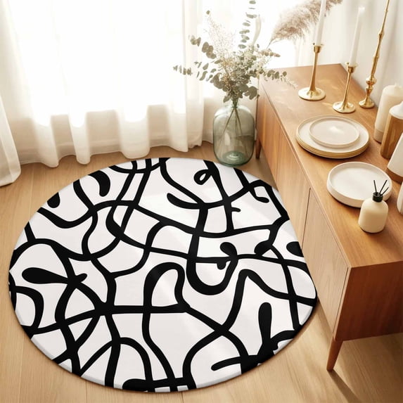 Round Rugs 6Ft, Abstract Black Round Area Rug Washable Indoor Throw Carpet, Bold Lines Modern Vines Swirls Graphic Soft Non Slip Circle Rug for Office Cabinet Home Decor Aesthetic