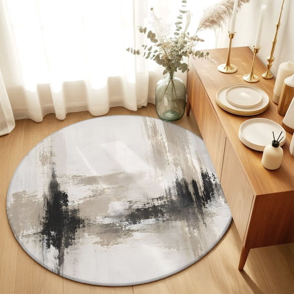 Round Rugs 6Ft, Black Beige Oil Painting Round Area Rug Washable Indoor Throw Carpet, Minimalist Abstract Industrial Soft Non Slip Circle Rug for Office Cabinet Home Decor Aesthetic