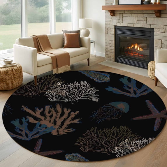 Round Rugs 6Ft, Black Coral Coastal Round Area Rug Washable Indoor Throw Carpet, Nautical Starfish Summer Beach Soft Non Slip Circle Rug for Office Cabinet Home Decor Aesthetic