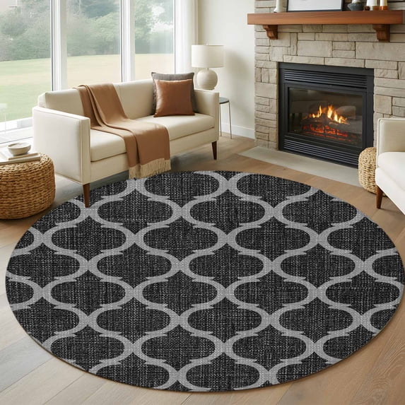 Round Rugs 6Ft, Black Morocco Round Area Rug Washable Indoor Throw Carpet, Boho Vintage Quatrefoil Geometric Plaid Soft Non Slip Circle Rug for Office Cabinet Home Decor Aesthetic