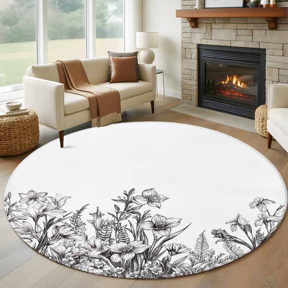 Round Rugs 6Ft, Black Spring Floral Round Area Rug Washable Indoor Throw Carpet, Watercolor Botanical Summer Vintage Soft Non Slip Circle Rug for Office Cabinet Home Decor Aesthetic