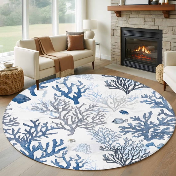 Round Rugs 6Ft, Blue Coastal Round Area Rug Washable Indoor Throw Carpet, Summer Nautical Ocean Beach Coral Fish Soft Non Slip Circle Rug for Office Cabinet Home Decor Aesthetic