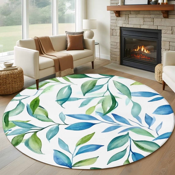 Round Rugs 6Ft, Blue Green Botanical Round Area Rug Washable Indoor Throw Carpet, Watercolor Summer Leaf Soft Non Slip Circle Rug for Office Cabinet Home Decor Aesthetic