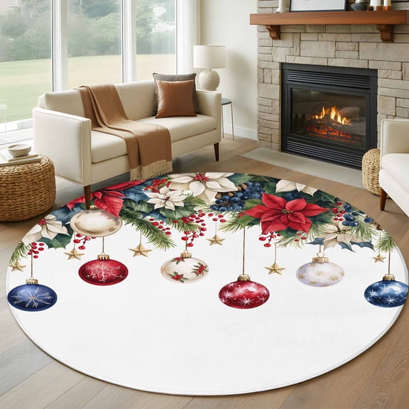 Round Rugs 6Ft, Blue Red Christmas Balls Round Area Rug Washable Indoor Throw Carpet, Snowflake Xmas Botanical Berry Soft Non Slip Circle Rug for Office Cabinet Home Decor Aesthetic