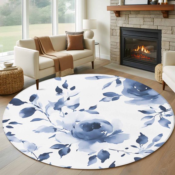 Round Rugs 6Ft, Blue Spring Floral Round Area Rug Washable Indoor Throw Carpet, Summer Elegant Country Botanical Soft Non Slip Circle Rug for Office Cabinet Home Decor Aesthetic