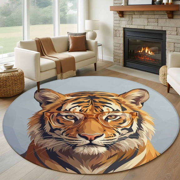 Round Rugs 6Ft, Blue Tiger Round Area Rug Washable Indoor Throw Carpet, Funny Animals Modern Art Soft Non Slip Circle Rug for Office Cabinet Home Decor Aesthetic