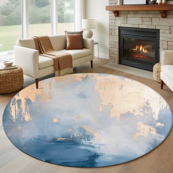 Round Rugs 6Ft, Blue Yellow Round Area Rug Washable Indoor Throw Carpet, Oil Painting Modern Abstract Soft Non Slip Circle Rug for Office Cabinet Home Decor Aesthetic