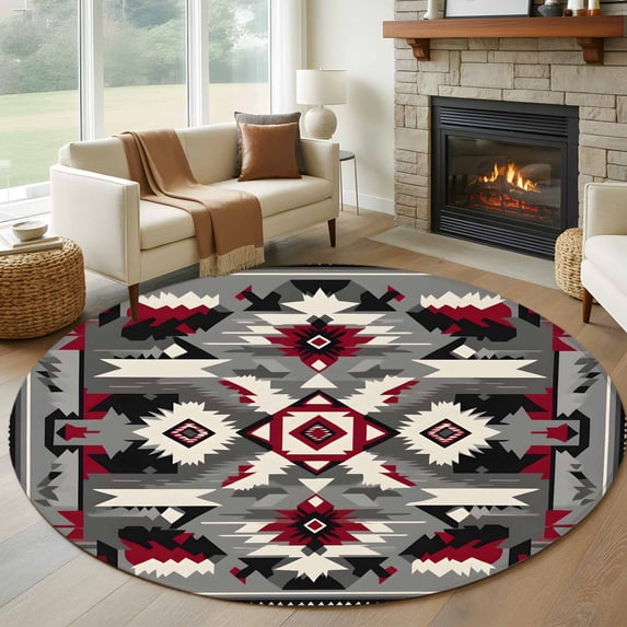 Round Rugs 6Ft, Boho Red Grey Round Area Rug Washable Indoor Throw Carpet, Vintage Geometric Southwestern Ethnic Soft Non Slip Circle Rug for Office Cabinet Home Decor Aesthetic