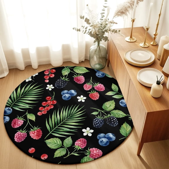 Round Rugs 6Ft, Botanical Fruit Round Area Rug Washable Indoor Throw Carpet, Retro Blueberry Raspberry Leaves Black Soft Non Slip Circle Rug for Office Cabinet Home Decor Aesthetic
