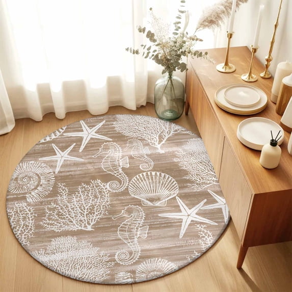 Round Rugs 6Ft, Brown Coastal Round Area Rug Washable Indoor Throw Carpet, Nautical Coral Starfish Shell Seahorse Ocean Soft Non Slip Circle Rug for Office Cabinet Home Decor Aesthetic