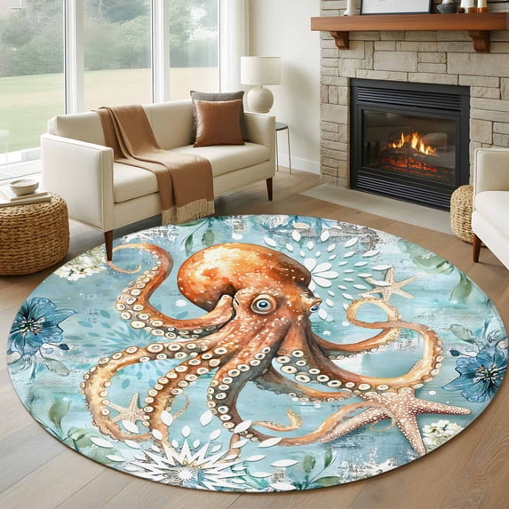 Round Rugs 6Ft, Brown Octopus Coastal Round Area Rug Washable Indoor Throw Carpet, Nautical Summer Beach Ocean Botanical Soft Non Slip Circle Rug for Office Cabinet Home Decor Aesthetic