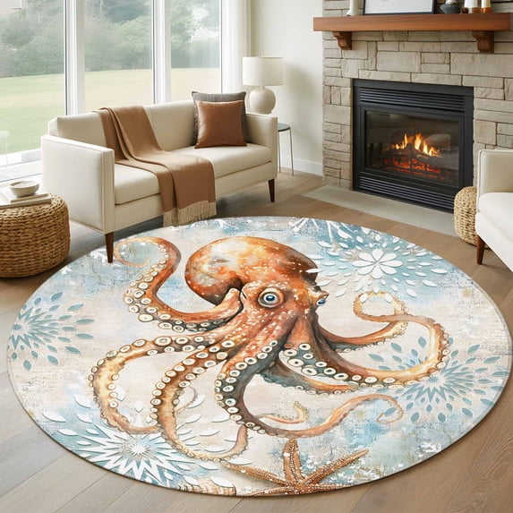 Round Rugs 6Ft, Brown Octopus Coastal Round Area Rug Washable Indoor Throw Carpet, Nautical Summer Beach Ocean Soft Non Slip Circle Rug for Office Cabinet Home Decor Aesthetic