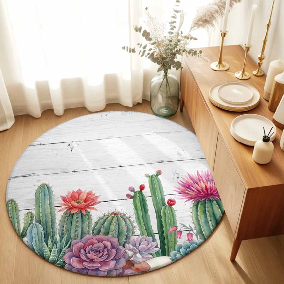 Round Rugs 6Ft, Cactus Tropical Watercolor Round Area Rug Washable Indoor Throw Carpet, Grey Wooden Summer Soft Non Slip Circle Rug for Office Cabinet Home Decor Aesthetic