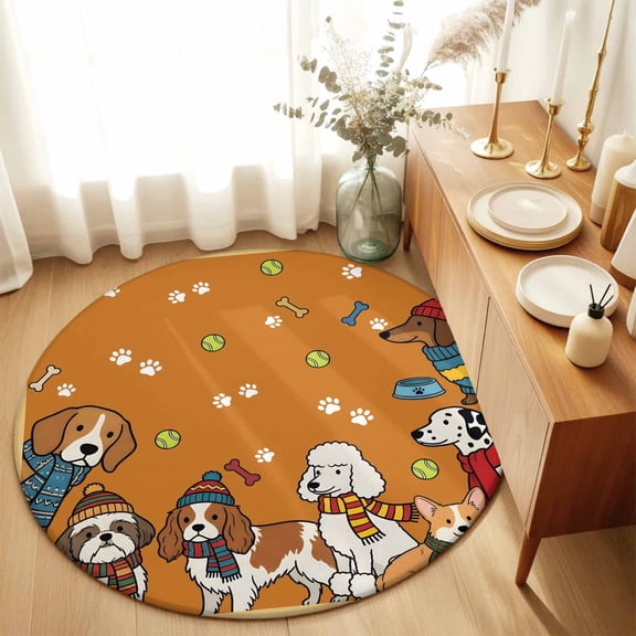 Round Rugs 6Ft, Cartoon Dogs Round Area Rug Washable Indoor Throw Carpet, Orange Cute Animals Dogs Paws Prints Soft Non Slip Circle Rug for Office Cabinet Home Decor Aesthetic