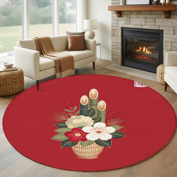 Round Rugs 6Ft, Cherry Blossoms Round Area Rug Washable Indoor Throw Carpet, Japanese Spring Floral Leaves Rustic Red Soft Non Slip Circle Rug for Office Cabinet Home Decor Aesthetic