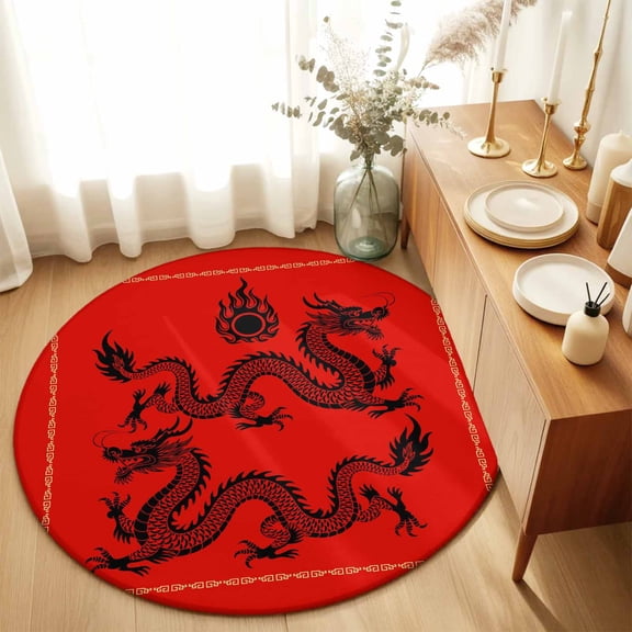 Round Rugs 6Ft, Chinese New Year Round Area Rug Washable Indoor Throw Carpet, Black Dragon Traditional Oriental Red Soft Non Slip Circle Rug for Office Cabinet Home Decor Aesthetic