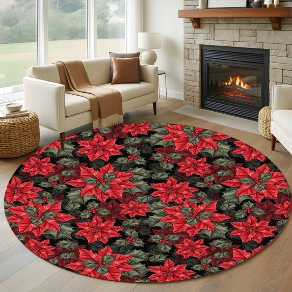 Round Rugs 6Ft, Christmas Poinsettia Round Area Rug Washable Indoor Throw Carpet, Xmas Floral Botanical Red Black Soft Non Slip Circle Rug for Office Cabinet Home Decor Aesthetic