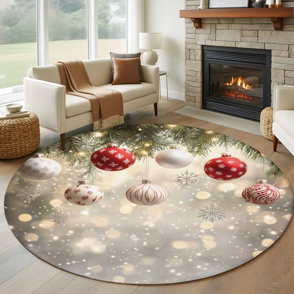Round Rugs 6Ft, Christmas Round Area Rug Washable Indoor Throw Carpet, Xmas Balls Snowflake Pine Needles Soft Non Slip Circle Rug for Office Cabinet Home Decor Aesthetic