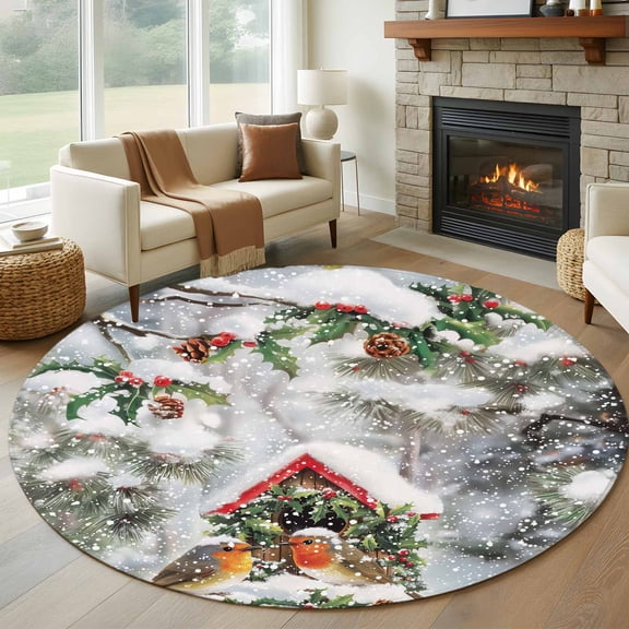 Round Rugs 6Ft, Christmas Round Area Rug Washable Indoor Throw Carpet, Xmas Snowflake Birds Farmhouse Pine Cones Soft Non Slip Circle Rug for Office Cabinet Home Decor Aesthetic