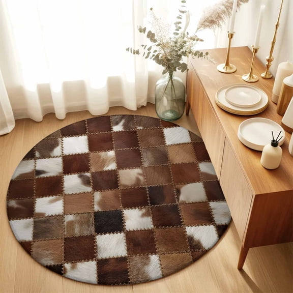 Round Rugs 6Ft, Cow Fur Print Round Area Rug Washable Indoor Throw Carpet, Farmhouse Patchwork Western Cowhide Brown Soft Non Slip Circle Rug for Office Cabinet Home Decor Aesthetic