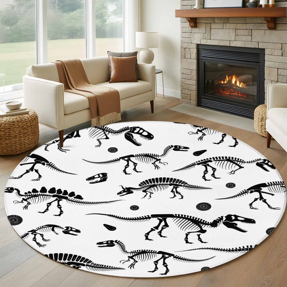 Round Rugs 6Ft, Dinosaur Fossils Round Area Rug Washable Indoor Throw Carpet, White Black Ancient Animals Soft Non Slip Circle Rug for Office Cabinet Home Decor Aesthetic