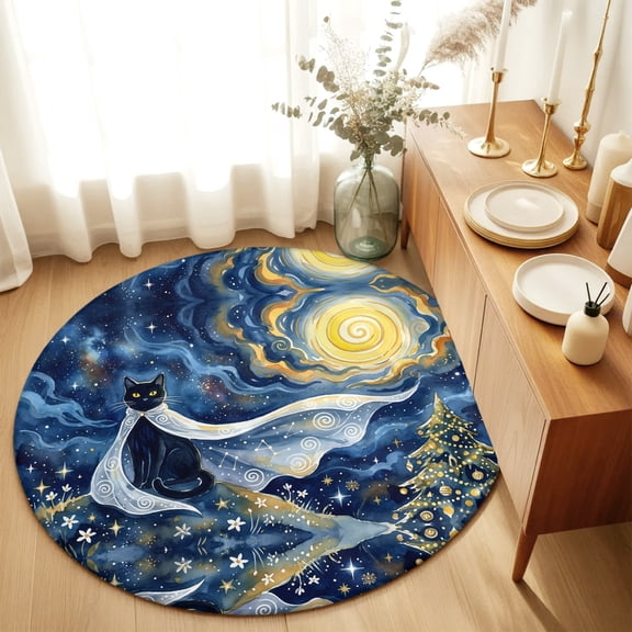 Round Rugs 6Ft, Fantasy Starry Sky Round Area Rug Washable Indoor Throw Carpet, Cute Black Cat Moonlight Xmas Trees Bohemia Soft Non Slip Circle Rug for Office Cabinet Home Decor Aesthetic
