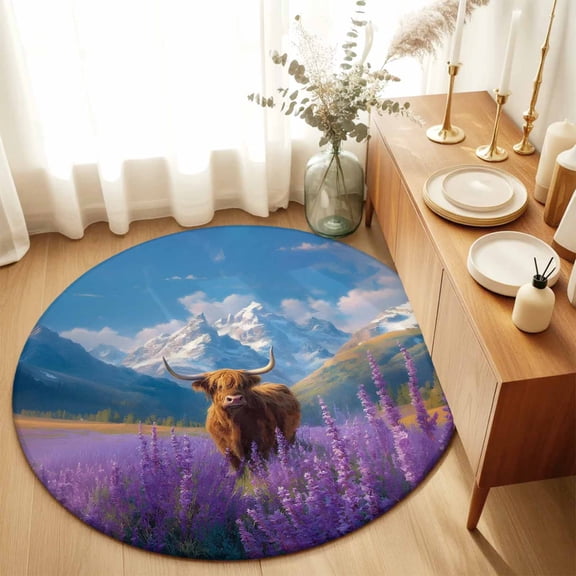 Round Rugs 6Ft, Farm Yak Round Area Rug Washable Indoor Throw Carpet, Blue Sky Lavender Botanical Mountain Soft Non Slip Circle Rug for Office Cabinet Home Decor Aesthetic