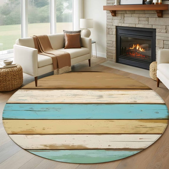 Round Rugs 6Ft, Farmhouse Teal Brown Round Area Rug Washable Indoor Throw Carpet, Ombre Wooden Pastoral Soft Non Slip Circle Rug for Office Cabinet Home Decor Aesthetic