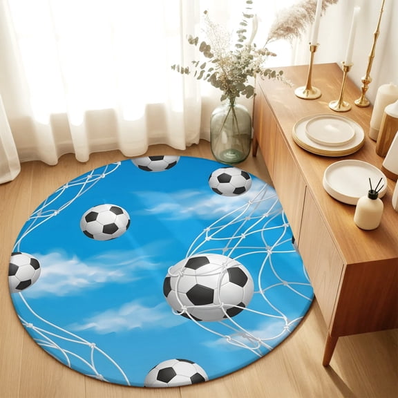Round Rugs 6Ft, Footballs Goal Round Area Rug Washable Indoor Throw Carpet, Modern Balls Games Sports Blue Sky Soft Non Slip Circle Rug for Office Cabinet Home Decor Aesthetic