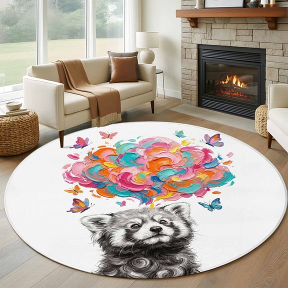 Round Rugs 6Ft, Funny Raccoon Round Area Rug Washable Indoor Throw Carpet, Modern Abstract Art Colorful Clouds Soft Non Slip Circle Rug for Office Cabinet Home Decor Aesthetic