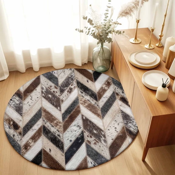 Round Rugs 6Ft, Geometric Cow Print Round Area Rug Washable Indoor Throw Carpet, Farmhouse Country Cowhide Fur Brown Soft Non Slip Circle Rug for Office Cabinet Home Decor Aesthetic