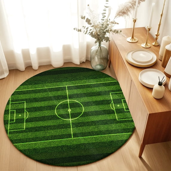 Round Rugs 6Ft, Green Football Field Round Area Rug Washable Indoor Throw Carpet, Modern Balls Sport Games Match Soft Non Slip Circle Rug for Office Cabinet Home Decor Aesthetic