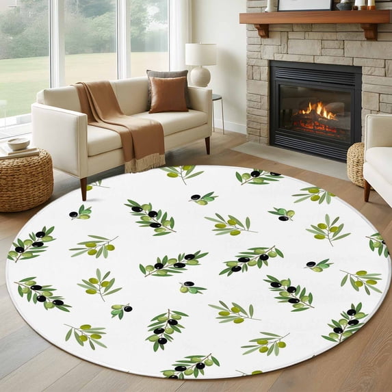 Round Rugs 6Ft, Green Olive Branches Round Area Rug Washable Indoor Throw Carpet, Spring Pastoral Leaves Botanical Soft Non Slip Circle Rug for Office Cabinet Home Decor Aesthetic