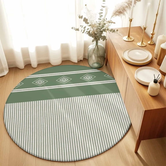 Round Rugs 6Ft, Green Striped Round Area Rug Washable Indoor Throw Carpet, Contemporary Geometric Art Rustic Soft Non Slip Circle Rug for Office Cabinet Home Decor Aesthetic