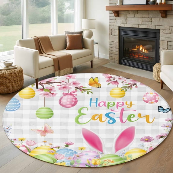 Round Rugs 6Ft, Happy Easter Round Area Rug Washable Indoor Throw Carpet, Spring Watercolor Bunny Eggs Flower Grey Plaid Soft Non Slip Circle Rug for Office Cabinet Home Decor Aesthetic