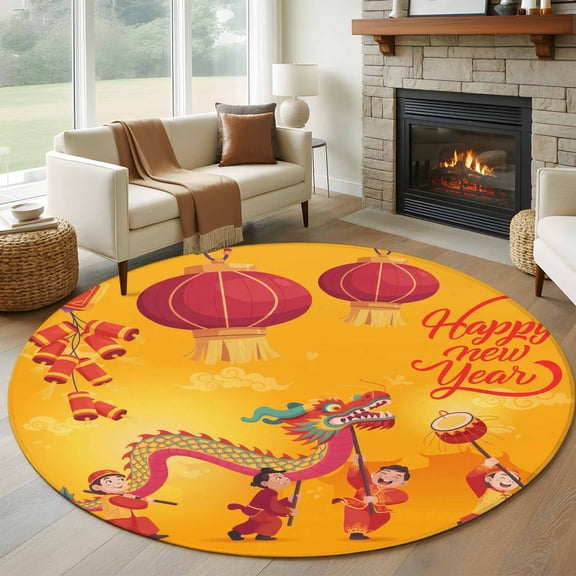 Round Rugs 6Ft, Happy New Year Round Area Rug Washable Indoor Throw Carpet, Red Yellow Dragon Dance Soft Non Slip Circle Rug for Office Cabinet Home Decor Aesthetic