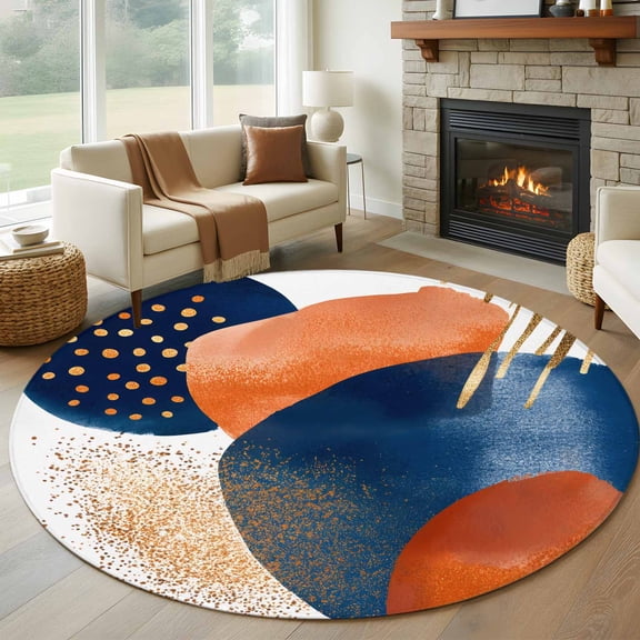 Round Rugs 6Ft, Navy Blue Burnt Orange Round Area Rug Washable Indoor Throw Carpet, Abstract Modern Geometric Soft Non Slip Circle Rug for Office Cabinet Home Decor Aesthetic