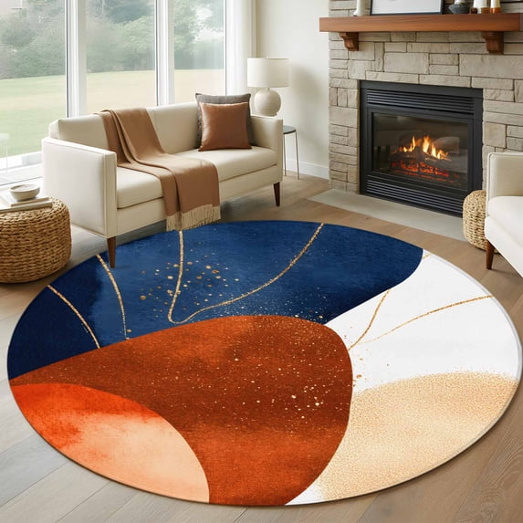 Round Rugs 6Ft, Navy Blue Burnt Orange Round Area Rug Washable Indoor Throw Carpet, Modern Vintage Geometric Soft Non Slip Circle Rug for Office Cabinet Home Decor Aesthetic