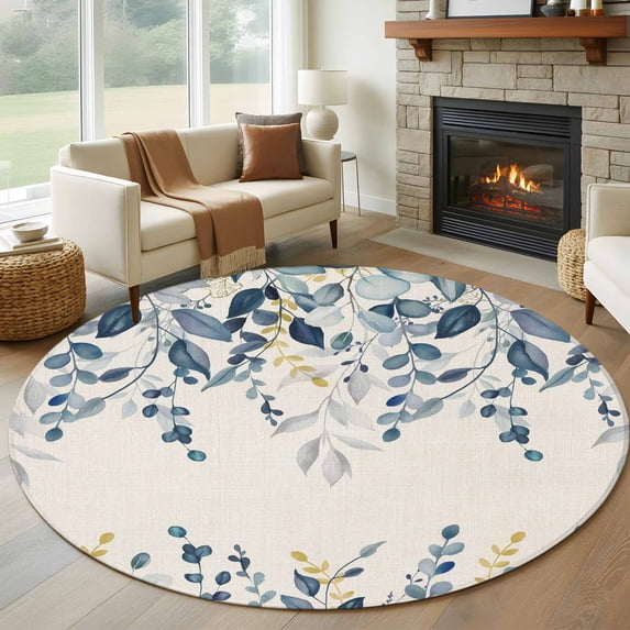 Round Rugs 6Ft, Navy Blue Eucalyptus Round Area Rug Washable Indoor Throw Carpet, Farmhouse Weeping Leaves Linen Soft Non Slip Circle Rug for Office Cabinet Home Decor Aesthetic