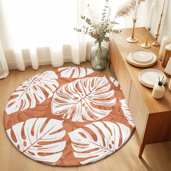 Round Rugs 6Ft, Orange Monstera Deliciosa Round Area Rug Washable Indoor Throw Carpet, Summer Botanical Tropical Soft Non Slip Circle Rug for Office Cabinet Home Decor Aesthetic