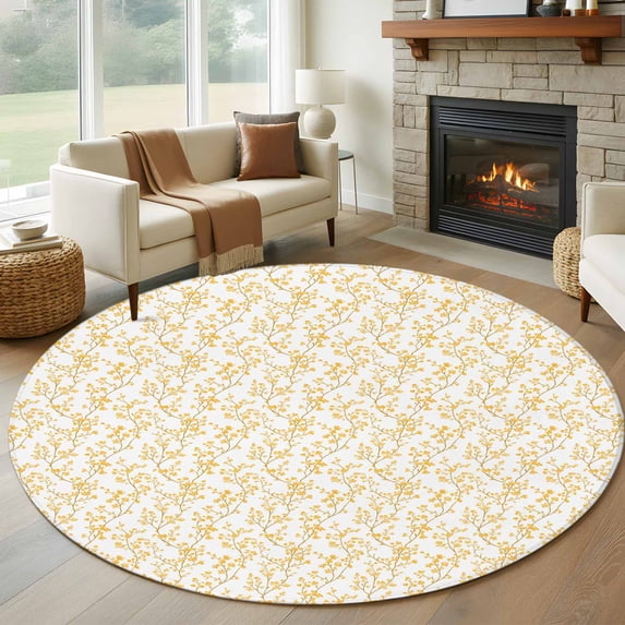 Round Rugs 6Ft, Orange Spring Floral Round Area Rug Washable Indoor Throw Carpet, Summer Botanical Watercolor Soft Non Slip Circle Rug for Office Cabinet Home Decor Aesthetic