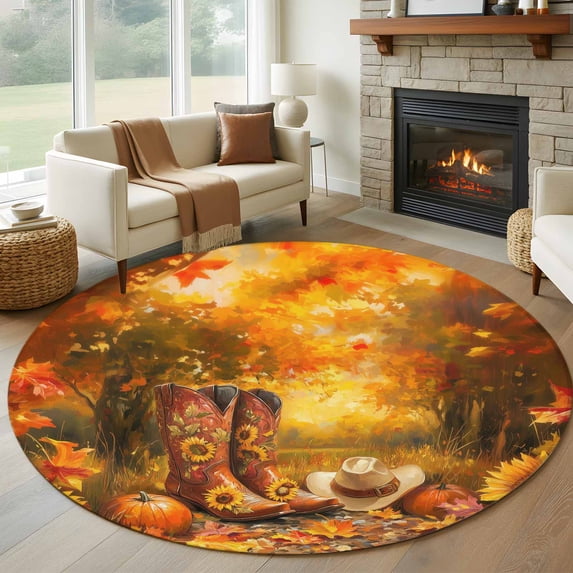 Round Rugs 6Ft, Orange Western Fall Round Area Rug Washable Indoor Throw Carpet, Sunflower Thanksgiving Pumpkin Soft Non Slip Circle Rug for Office Cabinet Home Decor Aesthetic