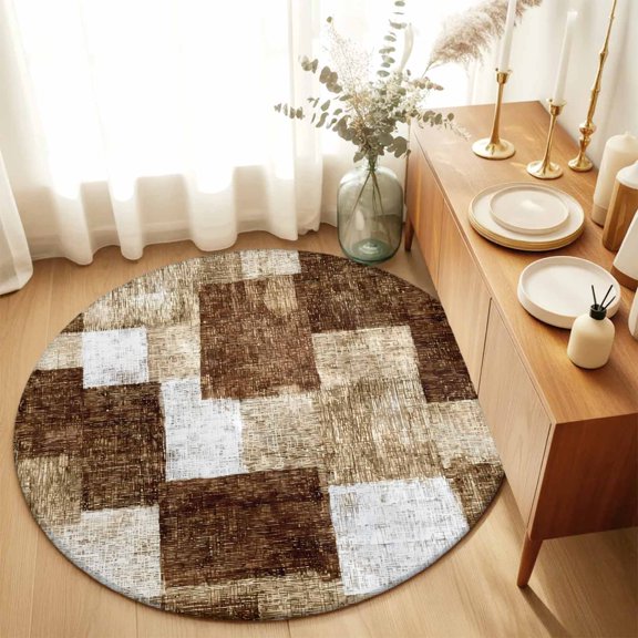 Round Rugs 6Ft, Patchwork Texture Round Area Rug Washable Indoor Throw Carpet, Retro Rustic Blocks Abstract Linen Brown Soft Non Slip Circle Rug for Office Cabinet Home Decor Aesthetic