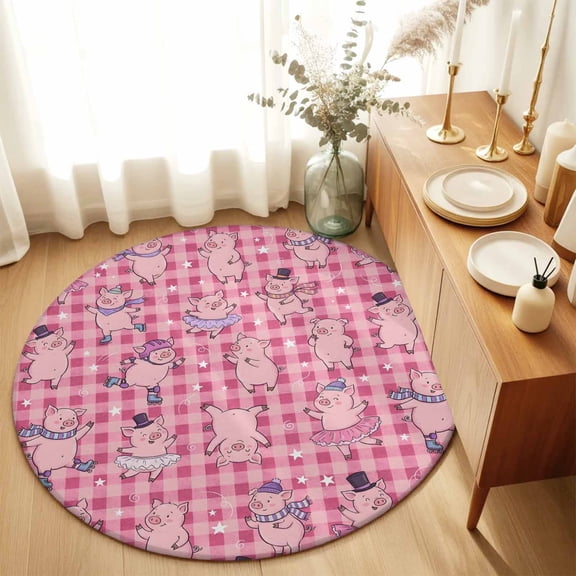 Round Rugs 6Ft, Pink Pigs Round Area Rug Washable Indoor Throw Carpet, Checkered Farmhouse Art Plaid Elegant Animals Soft Non Slip Circle Rug for Office Cabinet Home Decor Aesthetic