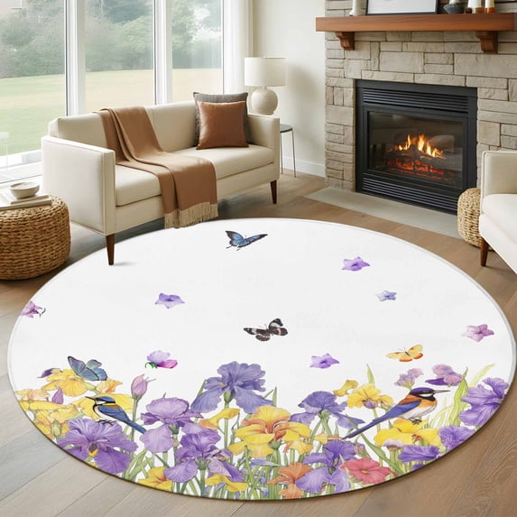 Round Rugs 6Ft, Purple Yellow Spring Floral Round Area Rug Washable Indoor Throw Carpet, Summer Botanical Birds Soft Non Slip Circle Rug for Office Cabinet Home Decor Aesthetic