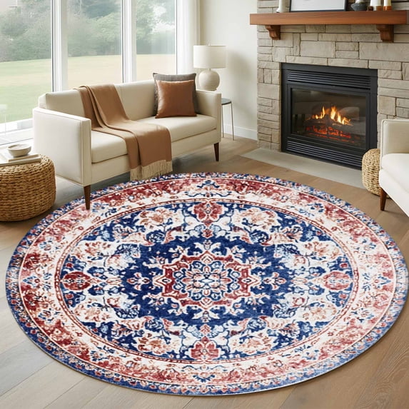 Round Rugs 6Ft, Red Blue Boho Round Area Rug Washable Indoor Throw Carpet, Southwestern Geometric Ethnic Vintage Soft Non Slip Circle Rug for Office Cabinet Home Decor Aesthetic