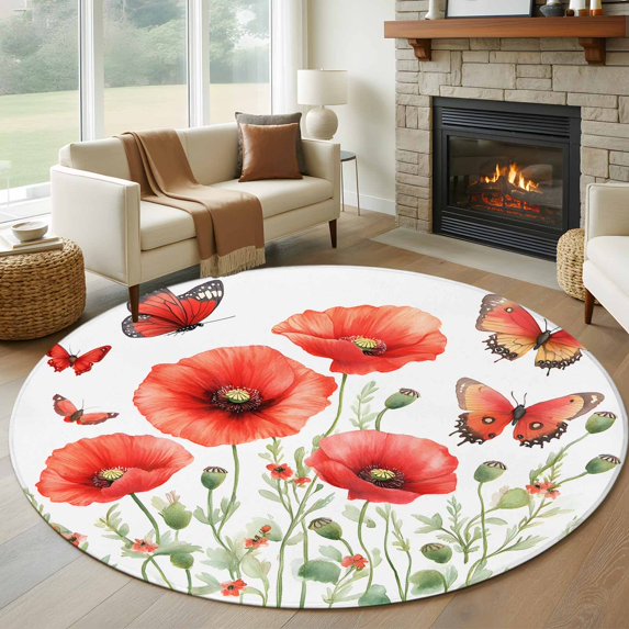 Round Rugs 6Ft, Red Spring Floral Round Area Rug Washable Indoor Throw Carpet, Butterfly Botanical Summer Pastoral Soft Non Slip Circle Rug for Office Cabinet Home Decor Aesthetic